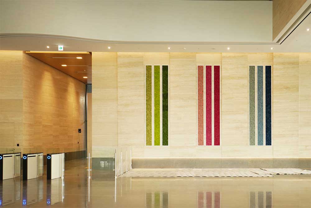Company lobby interior semi-non-combustible Scandia moss wall construction - Heesung LT