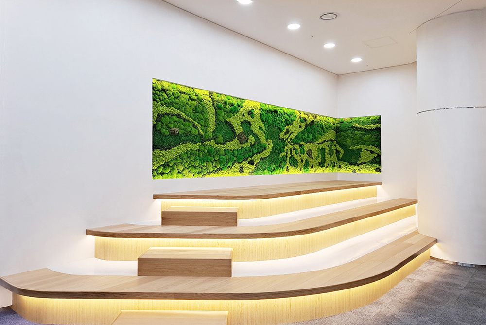 스칸디아모스 프로젝트 01 | 직원 휴게실 아트월 벽면녹화 시공-산업은행 본점 커스텀 패널 및 실내 모스월 시공