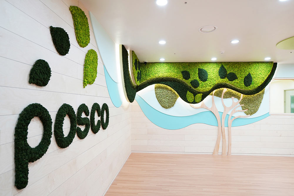 Scandia Moss Project 04 | Scandia Moss wall greening design and construction - POSCO Daycare Center custom panel and Sculpture, logo design